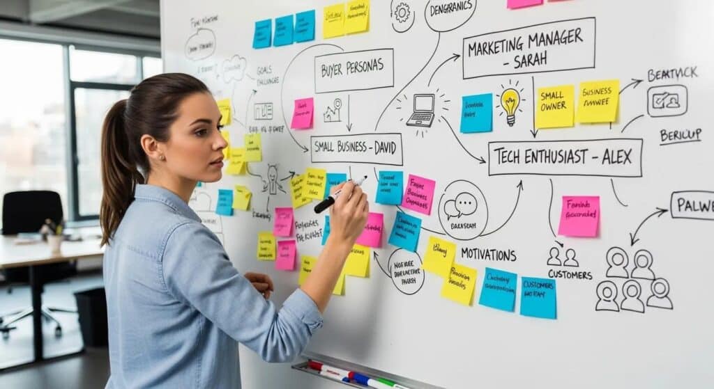 An individual thoughtfully developing buyer personas on a whiteboard, adorned with colorful notes and sketches.