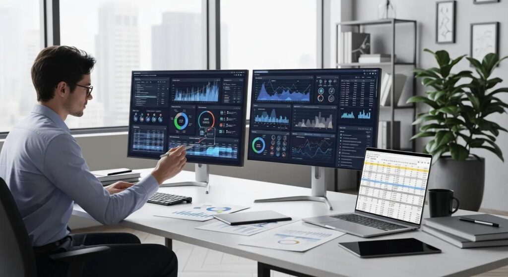 A person meticulously analyzing demographic data for audience research in a sleek, modern office setting.