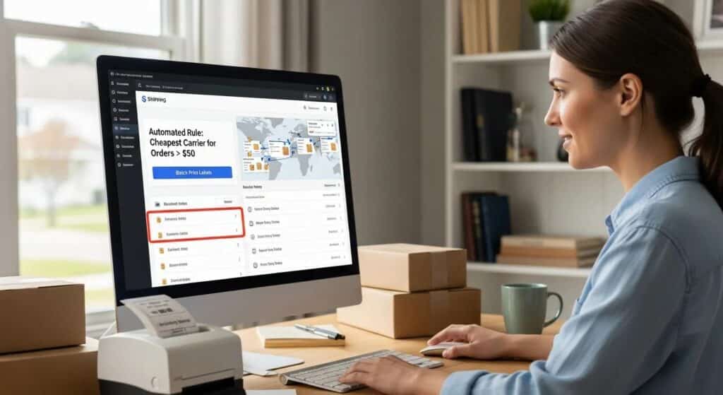 A small business owner efficiently using shipping software on a computer, showcasing automation in shipping operations