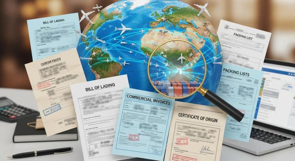 A globe with shipping routes and customs documents, illustrating the complexities and challenges of international shipping for small businesses