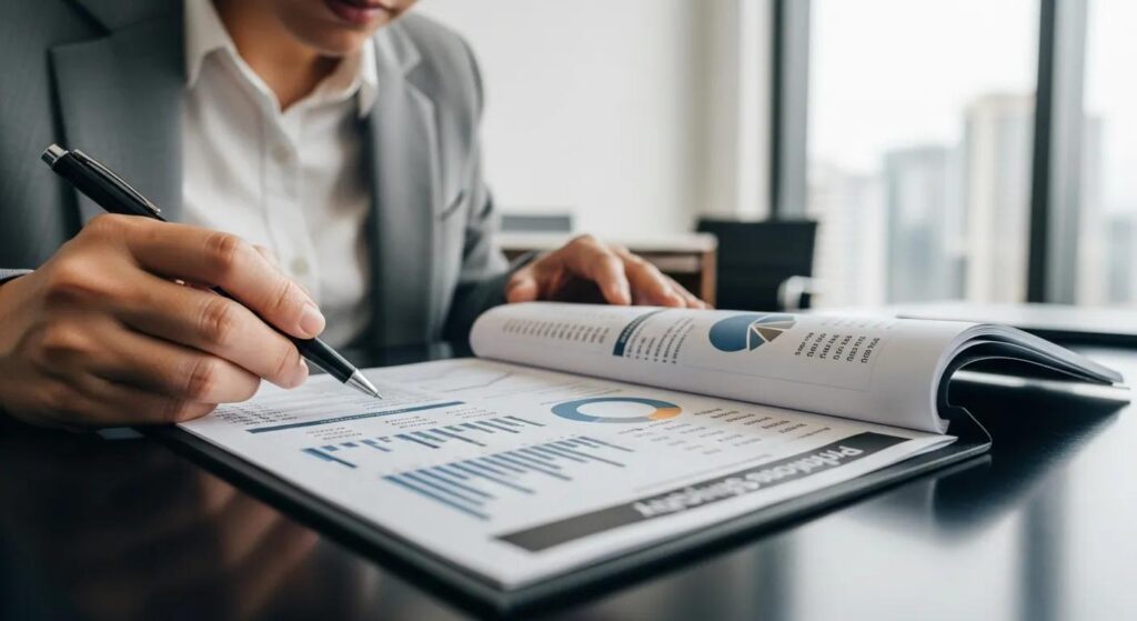 A close-up shot of someone intently reviewing a pricing strategy document in a sleek, modern office environment