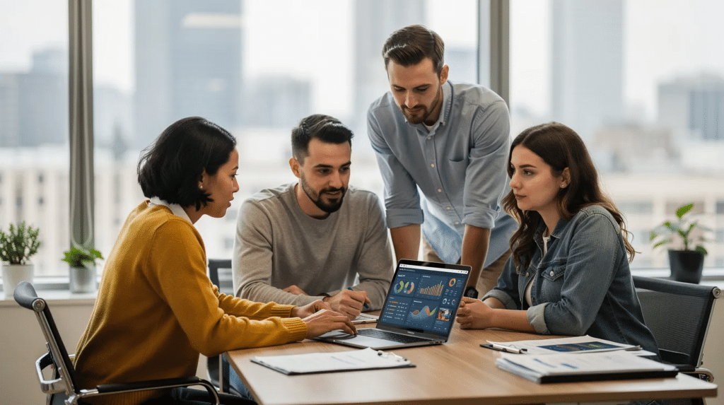 A small business team is gathered around a laptop in a modern office, analyzing data dashboards that display customer behavior and marketing campaign performance. This collaborative effort highlights the CRM vs marketing automation decision that shapes sales and marketing strategy.