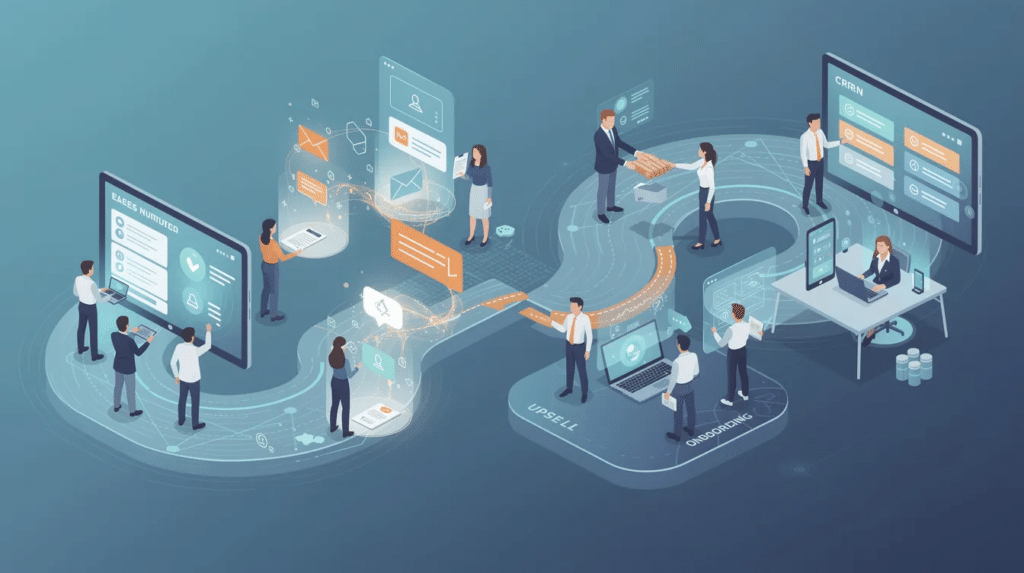 The image illustrates the entire customer journey, showcasing various stages such as lead capture, nurturing, sales qualification, and onboarding, highlighting the integration of marketing automation and CRM systems. It visually represents the seamless flow of customer data and interactions between sales and marketing teams, emphasizing the importance of managing customer relationships effectively throughout the sales process.