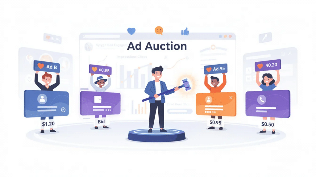 The illustration depicts an actioneer overseeing a competitive bidding process among various social media ads, highlighting the dynamic nature of social media advertising. This visualization emphasizes how social media marketing strategies, including targeted advertising and ad creatives, are utilized to reach potential customers on different social media platforms.