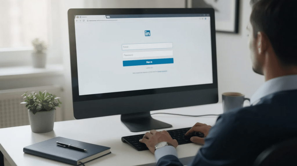 The image depicts a user sitting at their desk, focused on logging into their LinkedIn account, preparing to access their business page and engage with potential clients and industry peers. The screen displays the LinkedIn homepage, highlighting the importance of establishing a professional online presence.