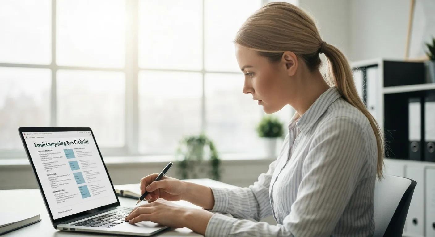 Photo of a small business marketer reviewing an email campaign best practices checklist, email marketing best practices, small business success
