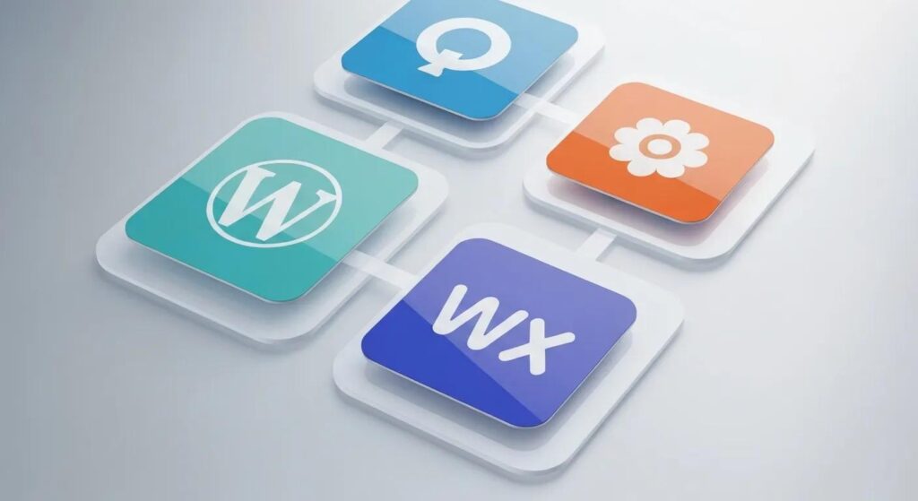Icons representing WordPress, Squarespace, Wix, and Webflow on connected digital screens.