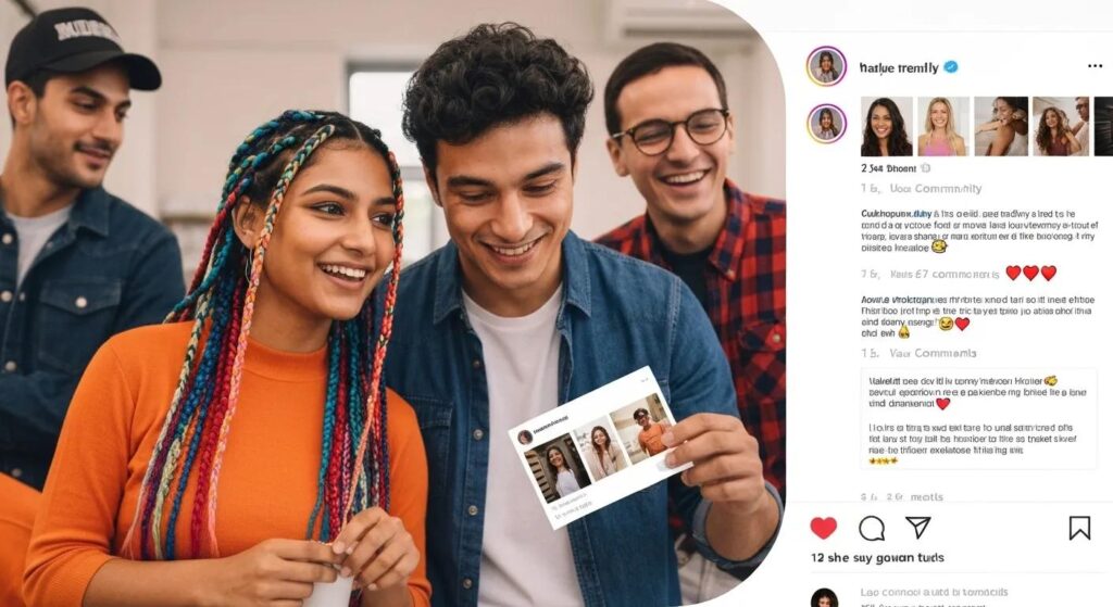 Customers enthusiastically interacting with a brand through user-generated content in a vibrant, social setting
