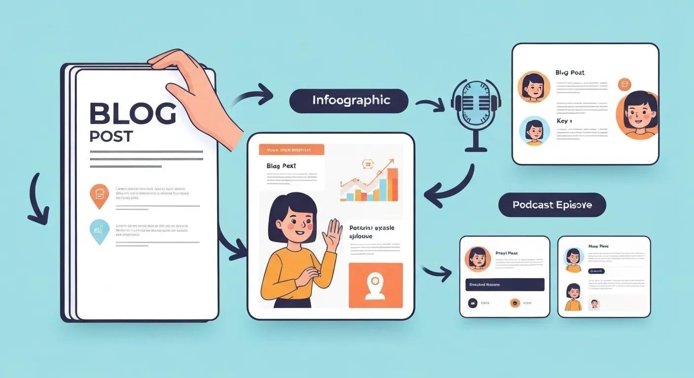 Visual of a single blog post transforming into multiple content formats: infographic, video, podcast, social media snippet, with arrows showing the transformation, playful illustration style.
