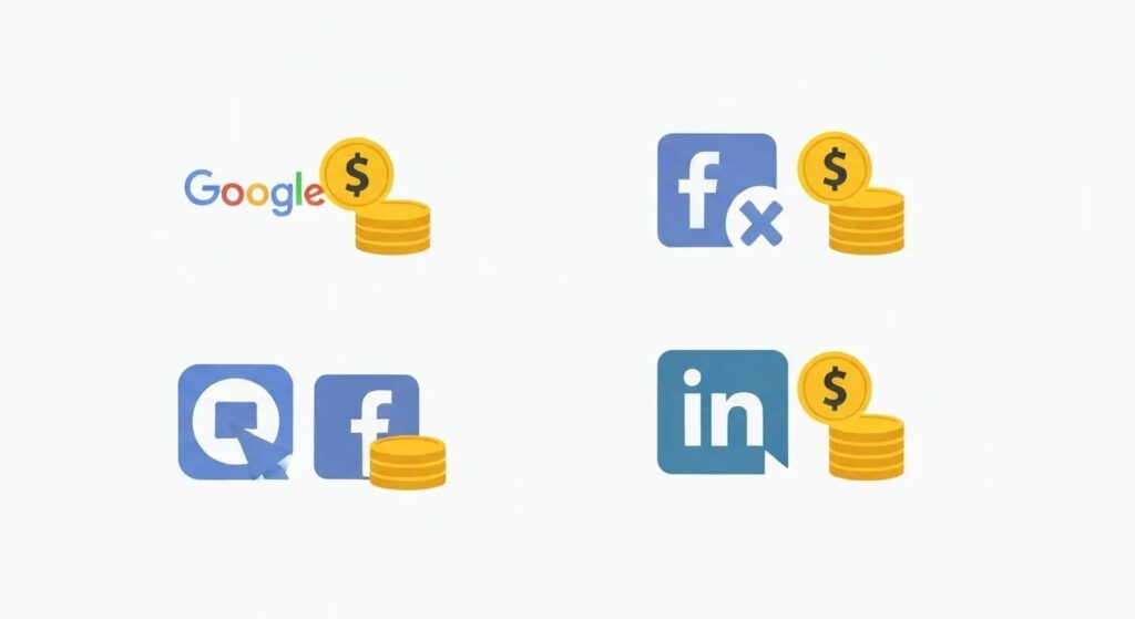 Icons of major ad platforms with dollar signs and stacked coins, representing average advertising costs for small businesses.