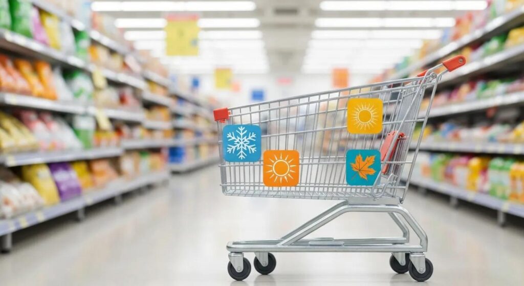 Shopping cart with seasonal icons like snowflakes, sun, and leaves, showing how trends affect consumer buying.