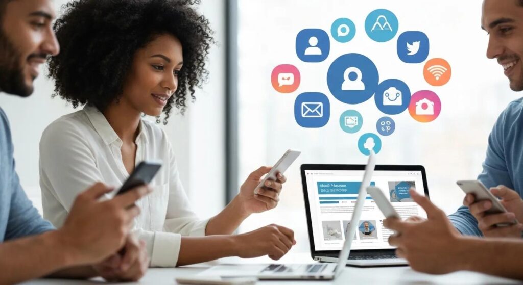 Team of small business marketers sharing content across laptops, smartphones, and social media icons to represent promotion.