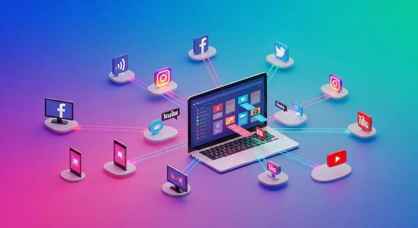 Network of connected devices and social media icons spreading from a central laptop, representing content distribution across channels, vibrant 3D style.