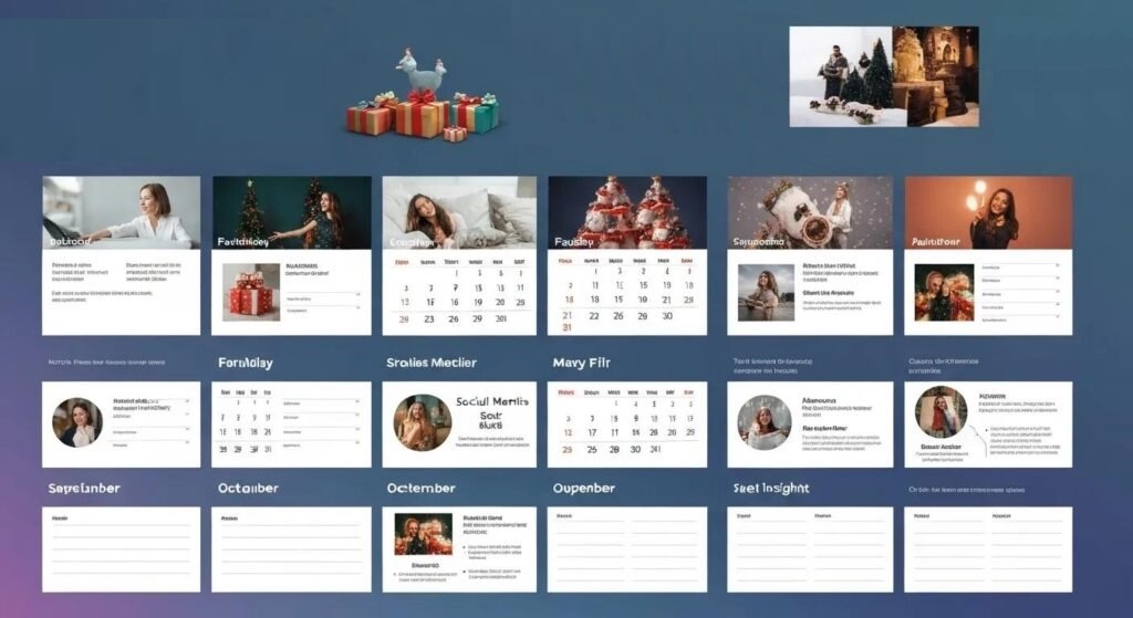 Wall calendar on an office desk with sticky notes, a laptop showing ad campaign planning, and seasonal icons like pumpkins and gift boxes.
