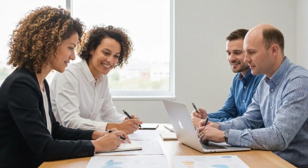 A small business team collaborating on localized keyword research strategies in a meeting room