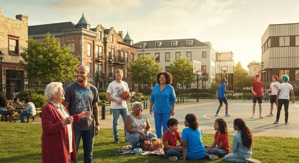 Diverse groups of people representing various demographics and psychographics in a community setting