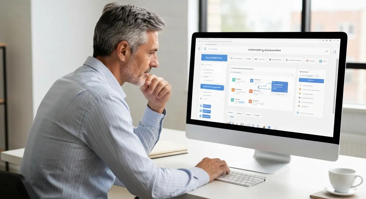 Photo of a marketer setting up automated email workflows on a computer, automation dashboard, email marketing automation, small business efficiency
