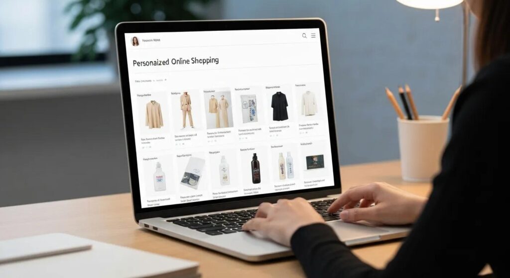 Personalized online shopping experience with product suggestions shown on a laptop screen
