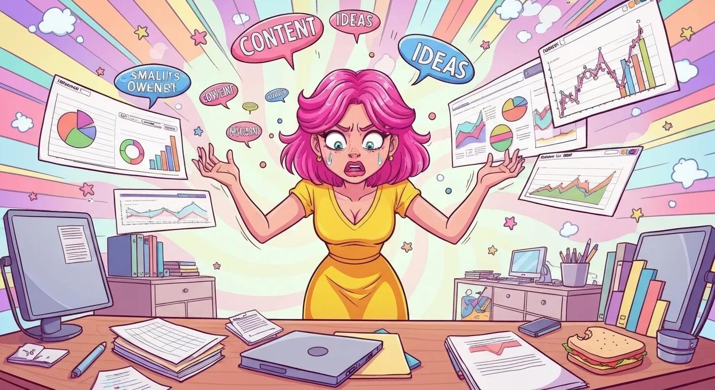 Cartoon-style depiction of a small business owner juggling multiple tasks, dropping content ideas, ignoring analytics, and looking stressed out.