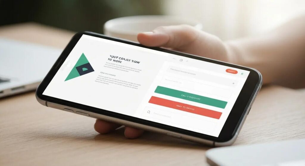 Smartphone screen displaying a clean, responsive email layout with buttons and interactive elements, shown in a modern digital workspace setting.