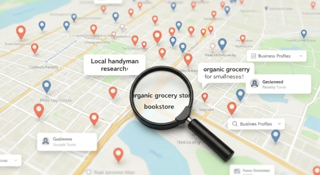Map with location pins and magnifying glass highlighting search terms, representing local keyword research for small businesses.