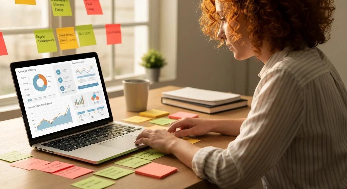 Photo of a small business owner planning email marketing strategies with a laptop, digital charts and colorful sticky notes, email marketing for small business, campaign planning