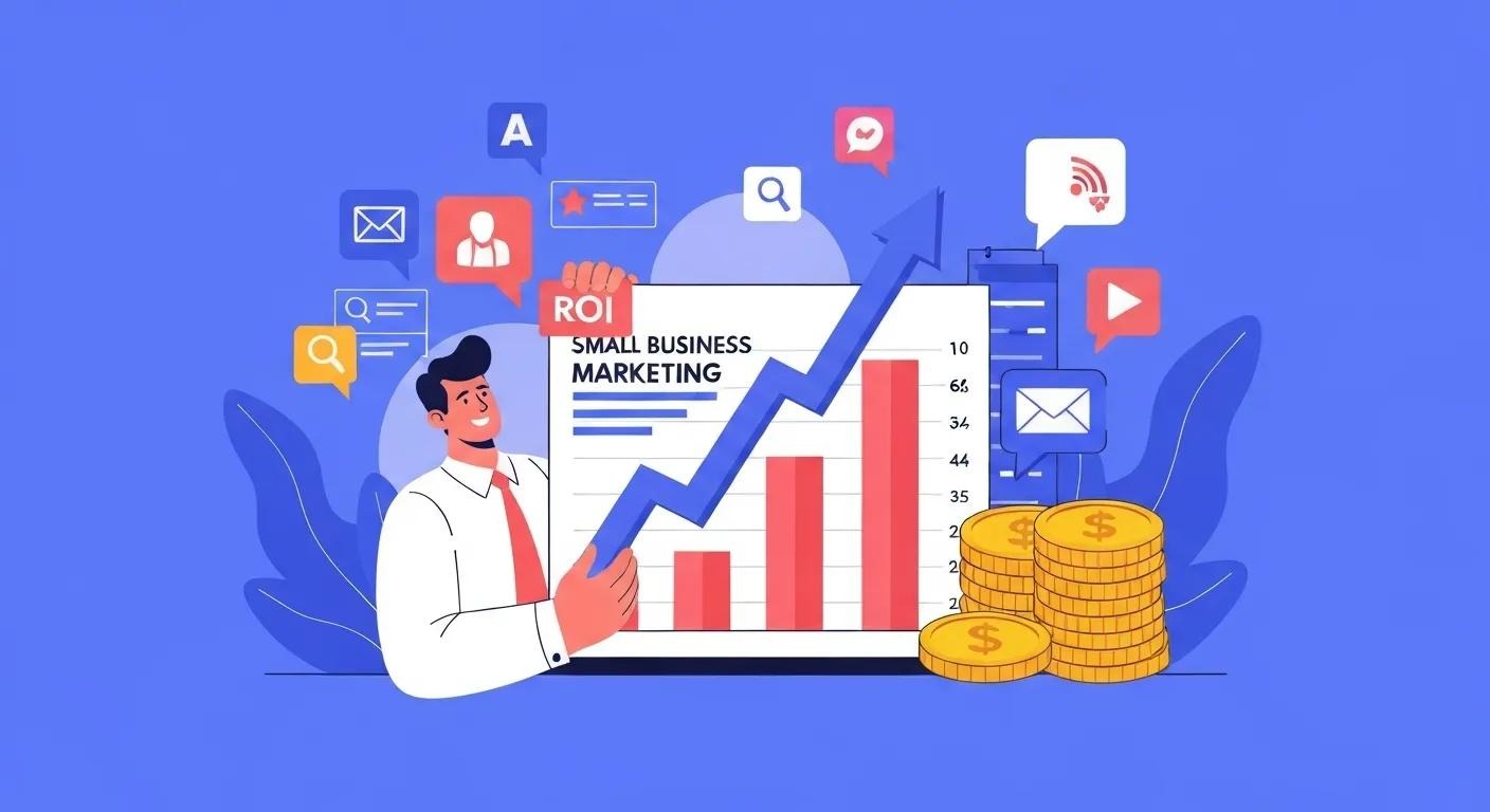 Bright and dynamic illustration of a small business charting ROI from content marketing strategies, showing growth arrows, coins, and digital marketing icons.