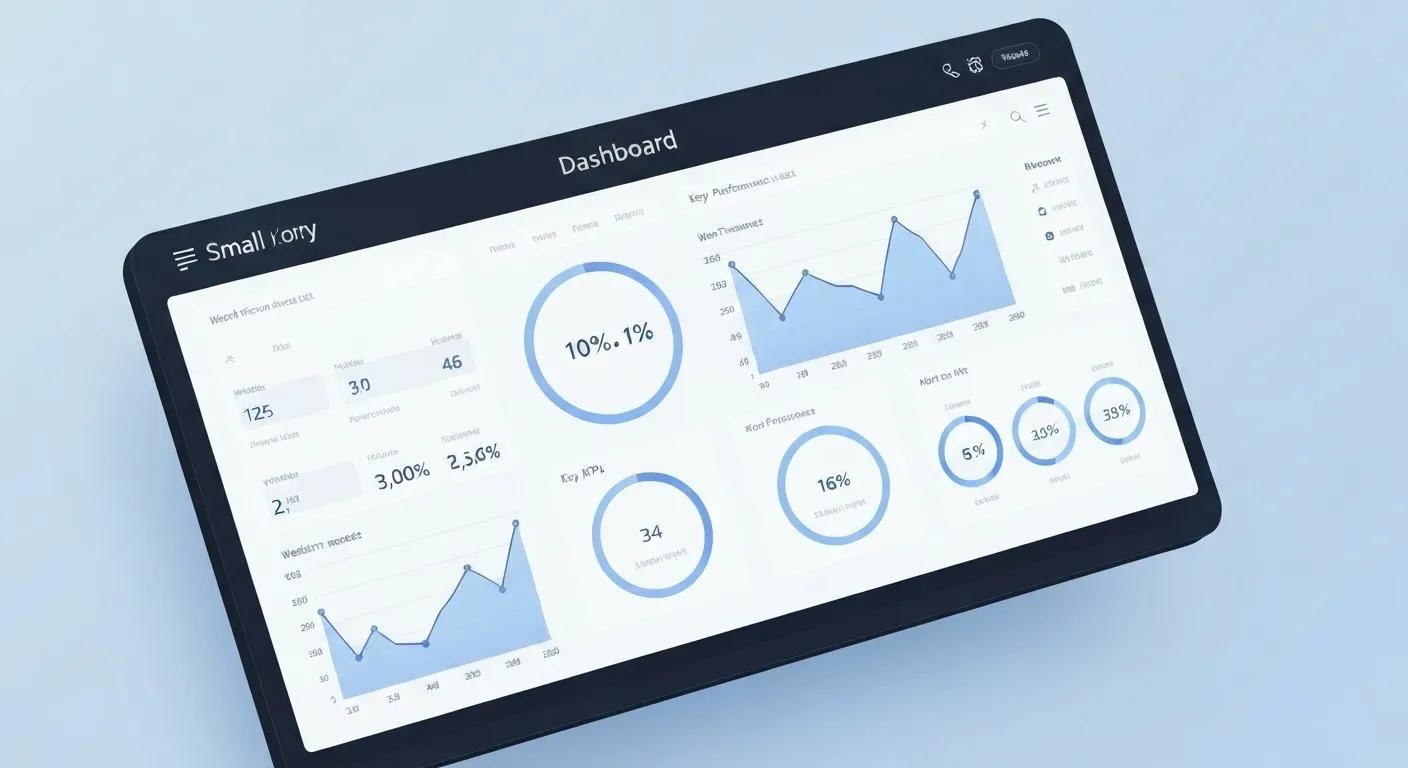 Dashboard style illustration showing charts, graphs, KPIs, website analytics, and lead tracking for a small business, futuristic clean design.