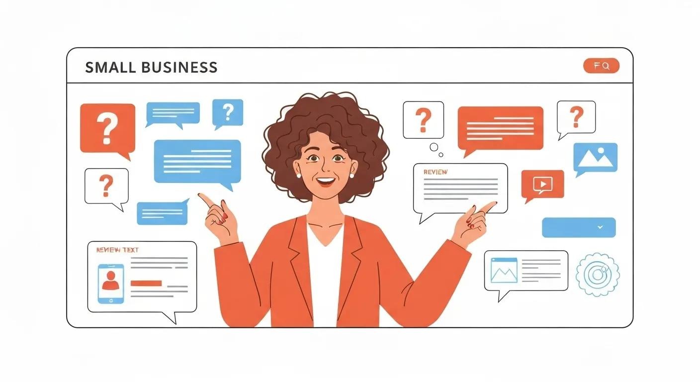 Illustration of a virtual FAQ panel with a small business owner interacting with question marks, speech bubbles, and icons representing different content types.
