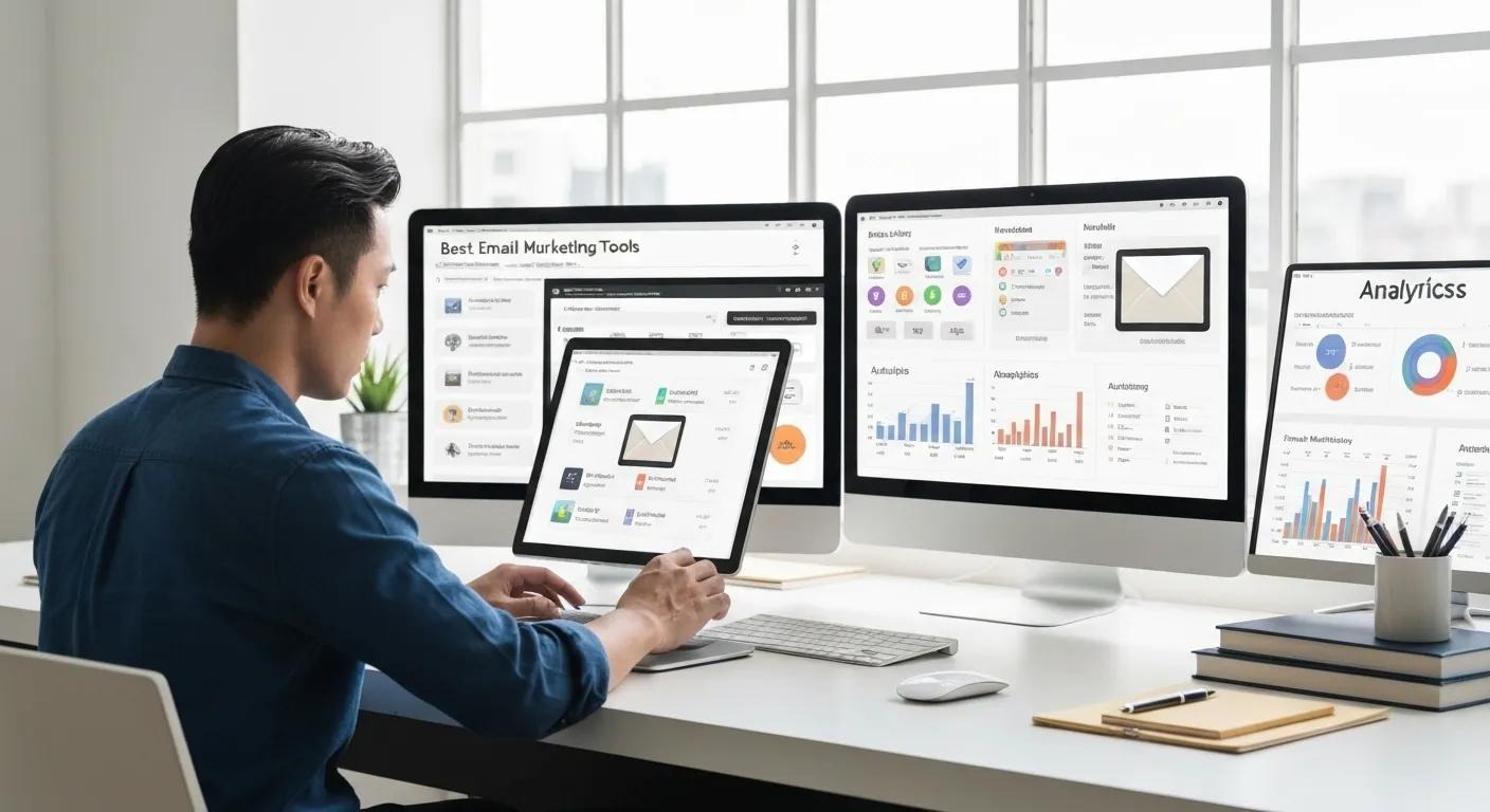 Photo of a workspace with various email marketing tools, analytics reports, and a small business owner, best email marketing tools, productivity, small business