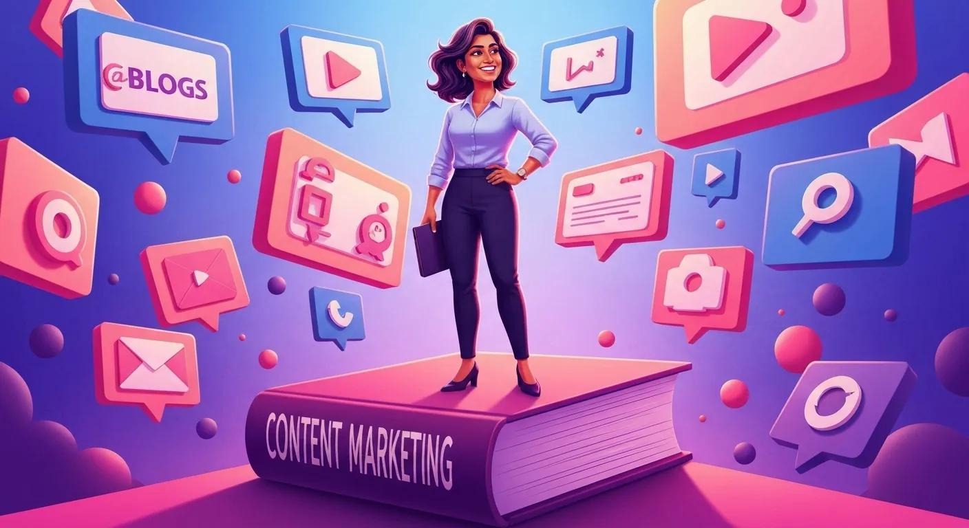 A colorful illustration of a small business owner standing on a giant book labeled ‘Content Marketing,’ surrounded by floating icons representing blogs, videos, emails, and social media, digital style, vibrant.