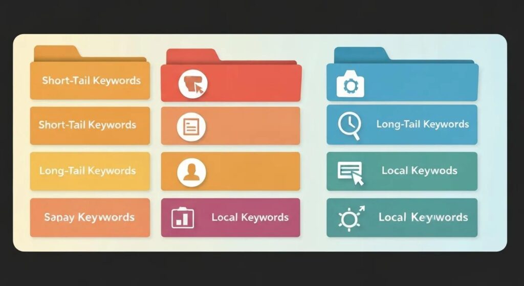 Illustration of keyword categories shown as labeled folders or tabs, with icons for short-tail, long-tail, and local keywords.