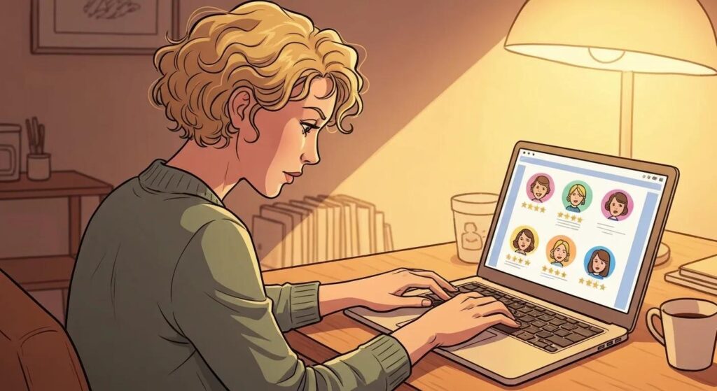 Illustration of a small business owner at a laptop responding to both positive and negative online reviews, shown as happy and concerned customer icons on the screen.
