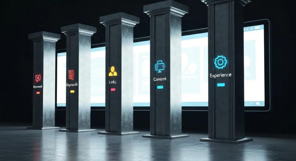 Four sturdy pillars holding up a digital screen, each pillar marked with icons for keywords, links, content, and user experience.