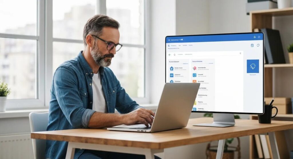 Small business owner managing an online store on a laptop, highlighting e-commerce CMS solutions
