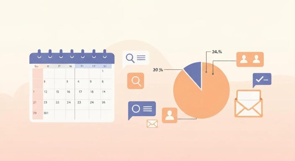 Calendar, pie chart, and digital ad symbols arranged together to represent common budgeting strategies for small business advertising.