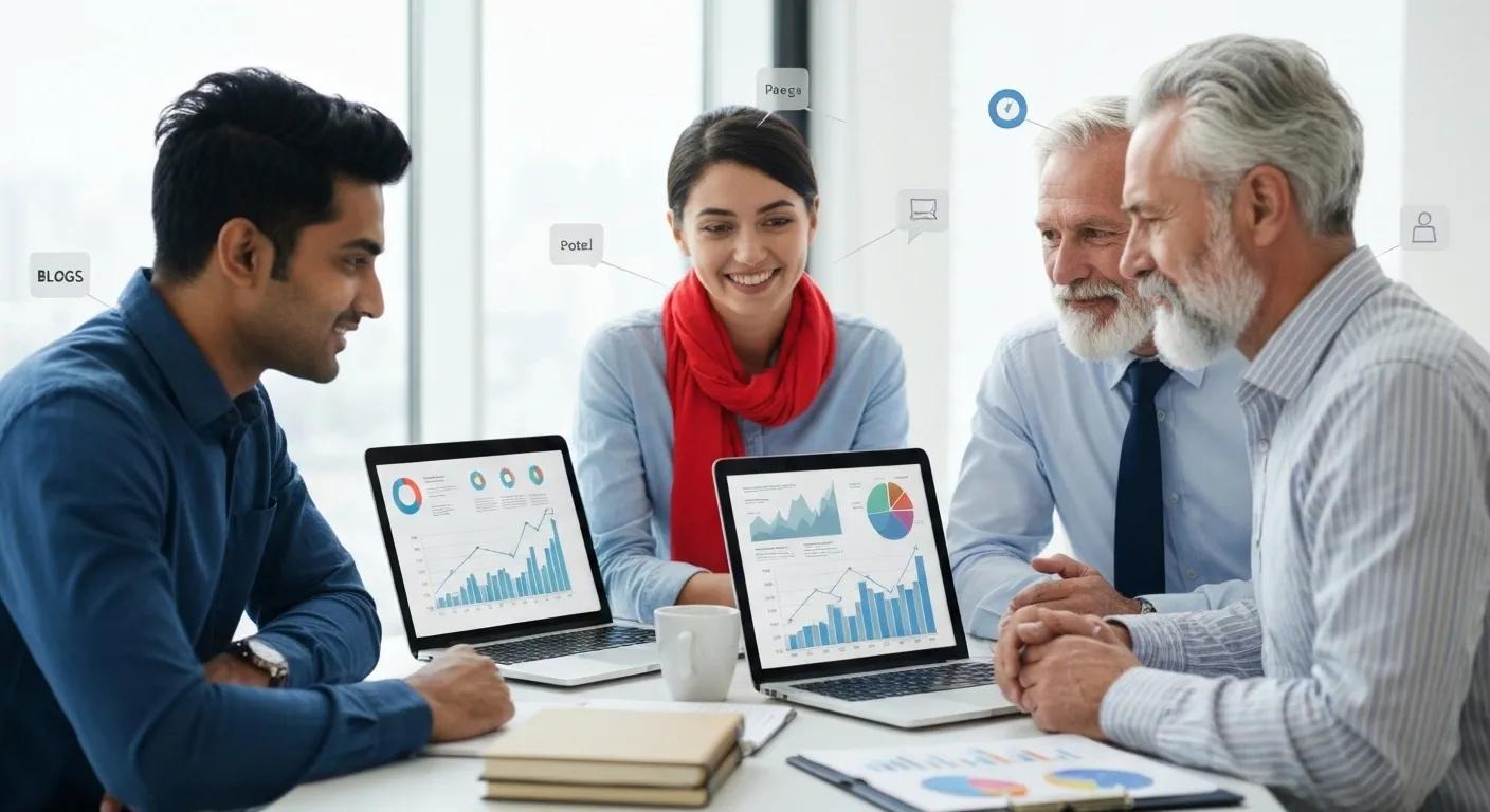 Small business team working with laptops and charts, surrounded by icons for blogs, videos, and social posts, symbolizing core content marketing strategies.