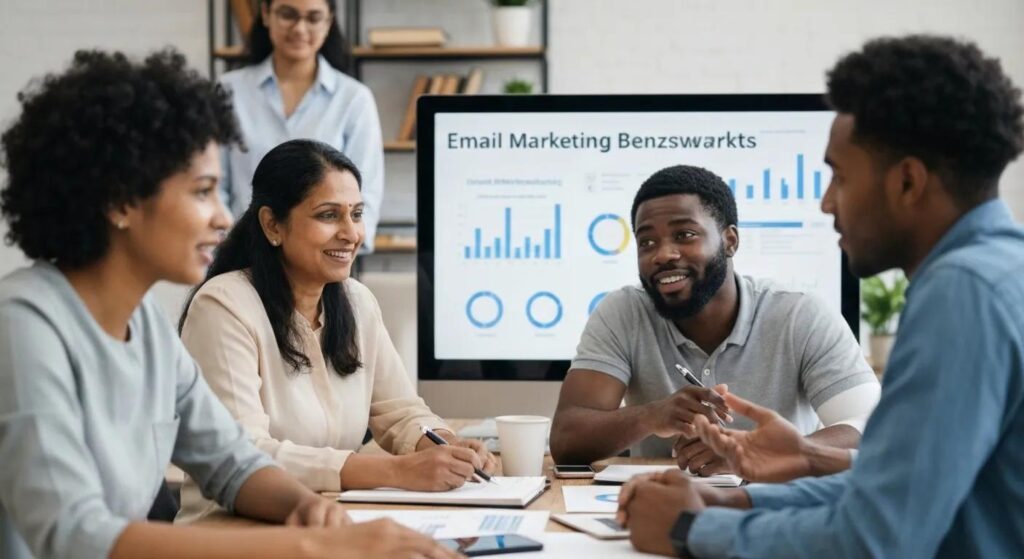 Diverse small business owners discussing email marketing benchmarks in a collaborative setting
