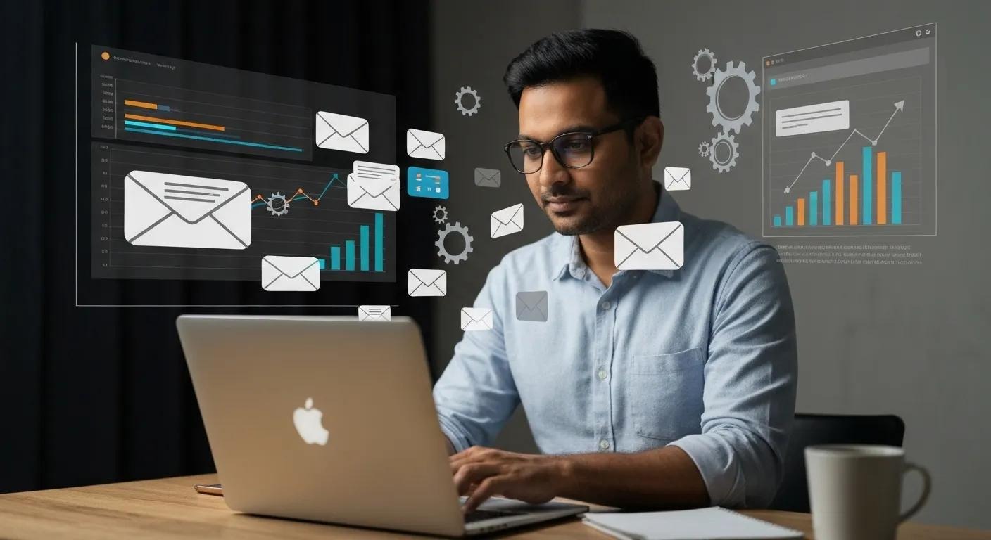 photo of a small business owner using a laptop, surrounded by colorful email icons, graphs, and automation gears, email marketing for small business, digital strategy, audience growth