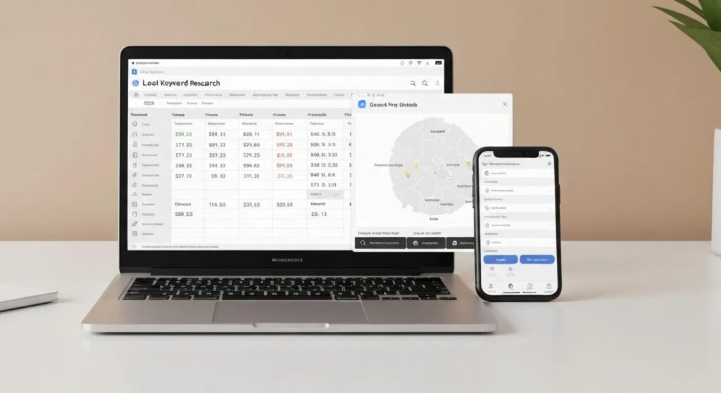 A desk setup with a laptop and smartphone displaying digital tools for local keyword research