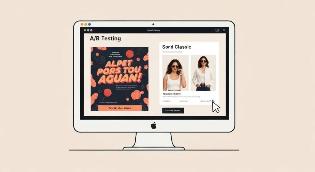 Illustration of A/B testing in social media ads with two different ad designs on a computer screen