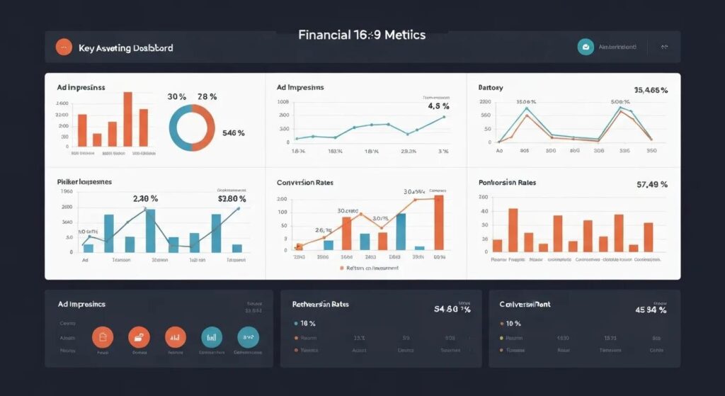 Financial metrics dashboard with charts and graphs analyzing ad performance and success of advertising efforts