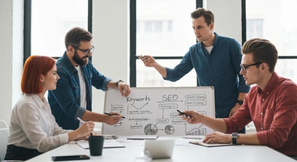 Startup team brainstorming SEO strategies and challenges around a whiteboard