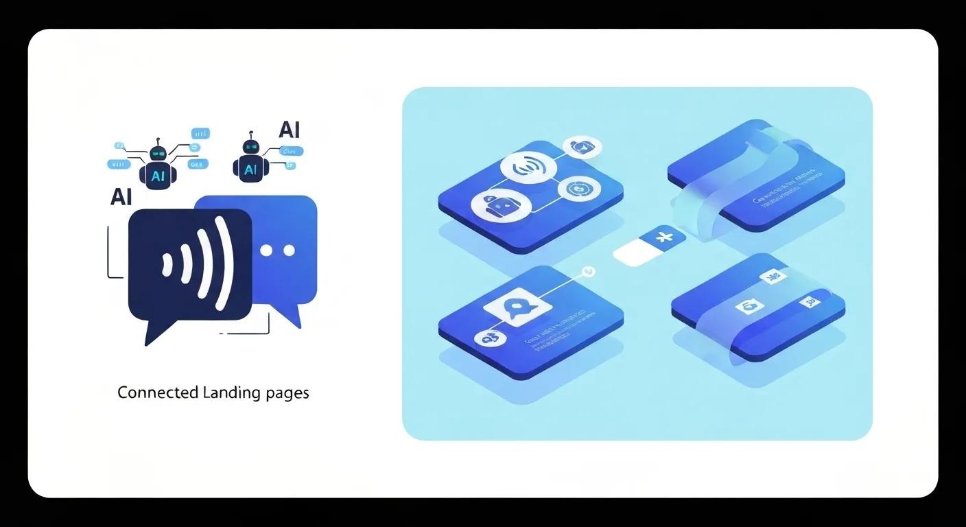Illustration of AI icons, voice search symbol, and connected landing pages.