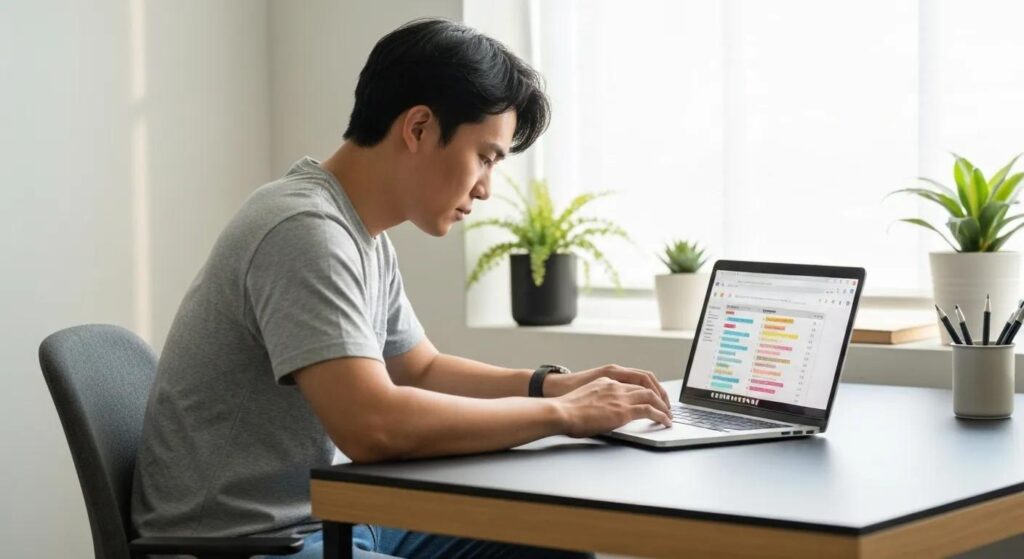 A person conducting keyword research on a laptop in a comfortable, well-lit workspace