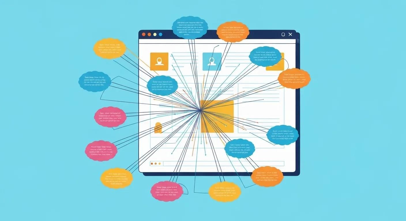 Illustration of a larger website page connected to smaller content clusters to represent the hub and spoke approach to content creation.