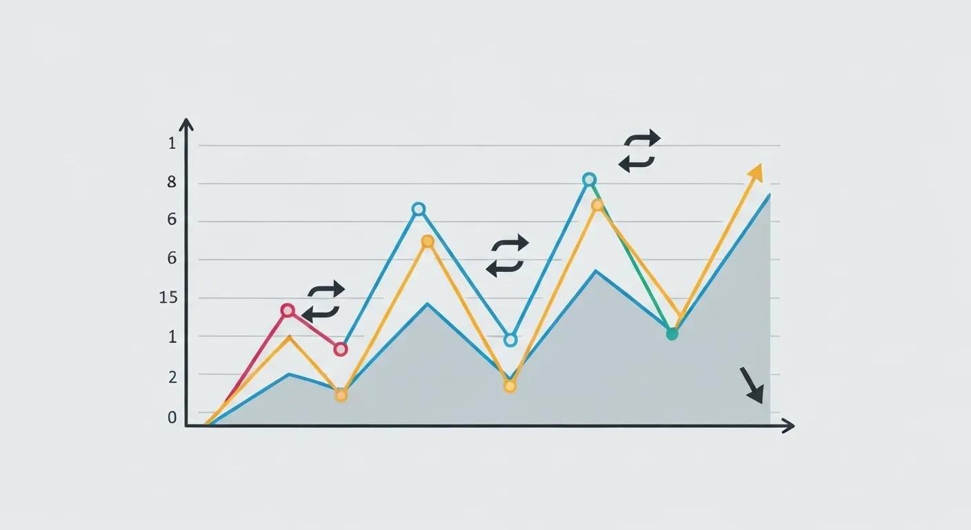 Illustration of a performance line graph trending up and down with peaks and valleys and refresh arrows right before the peaks.