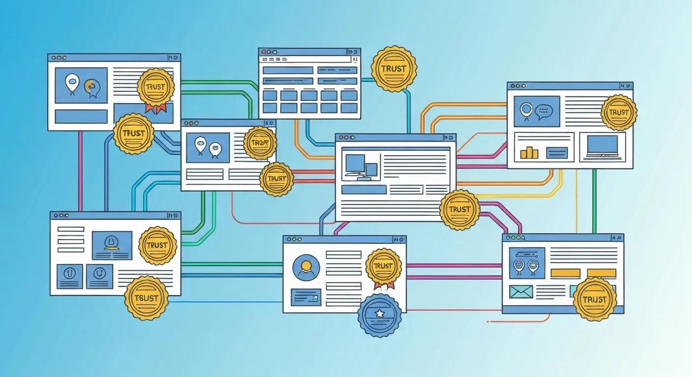 Illustration of websites connected by link lines with trust badges.