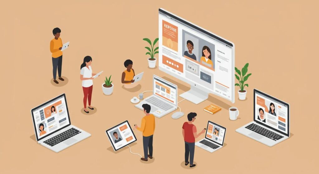 Diverse users engaging with a responsive website on multiple devices