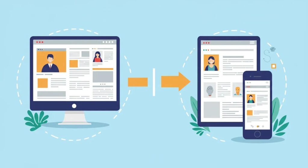 Illustration of mobile-first indexing with desktop and mobile website comparison